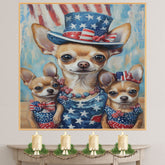 Mother Chihuahua with Three Puppies in Stars and Stripes Outfits Oil Painting on Ready to Hang 1.5" Thick Canvas Wrap, Floating Framed Canvas, Flat Rolled Canvas